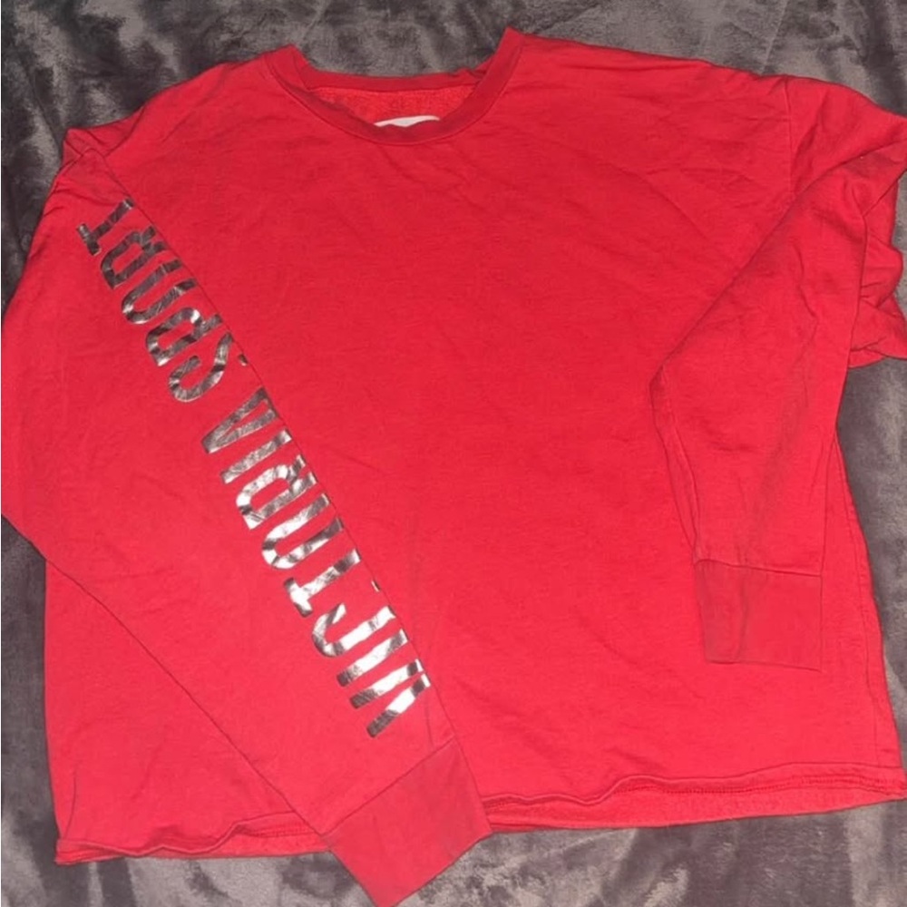 Red Long-Sleeve Sweatshirt with Metallic Sleeve Text